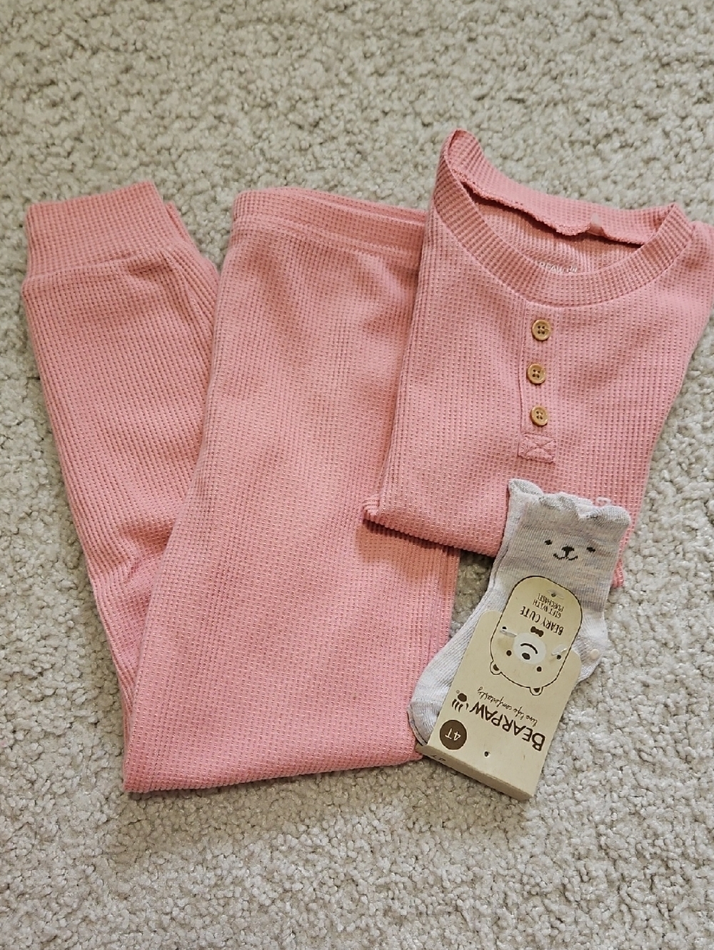 BearPaw Pink Waffle Knit Kids Matching Set with Animal Socks